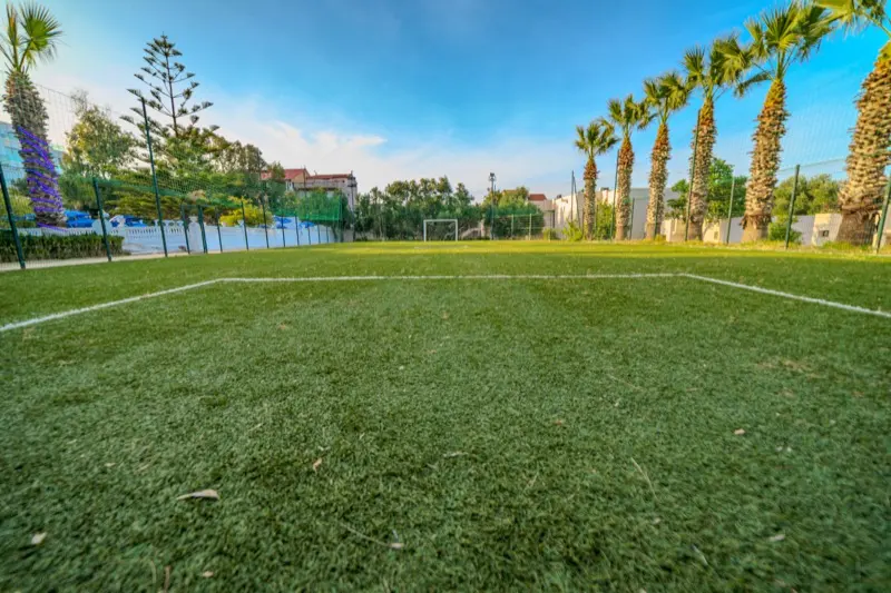 Terrain de football à 5 de l'Hôtel Raïs, vue au ras du gazon